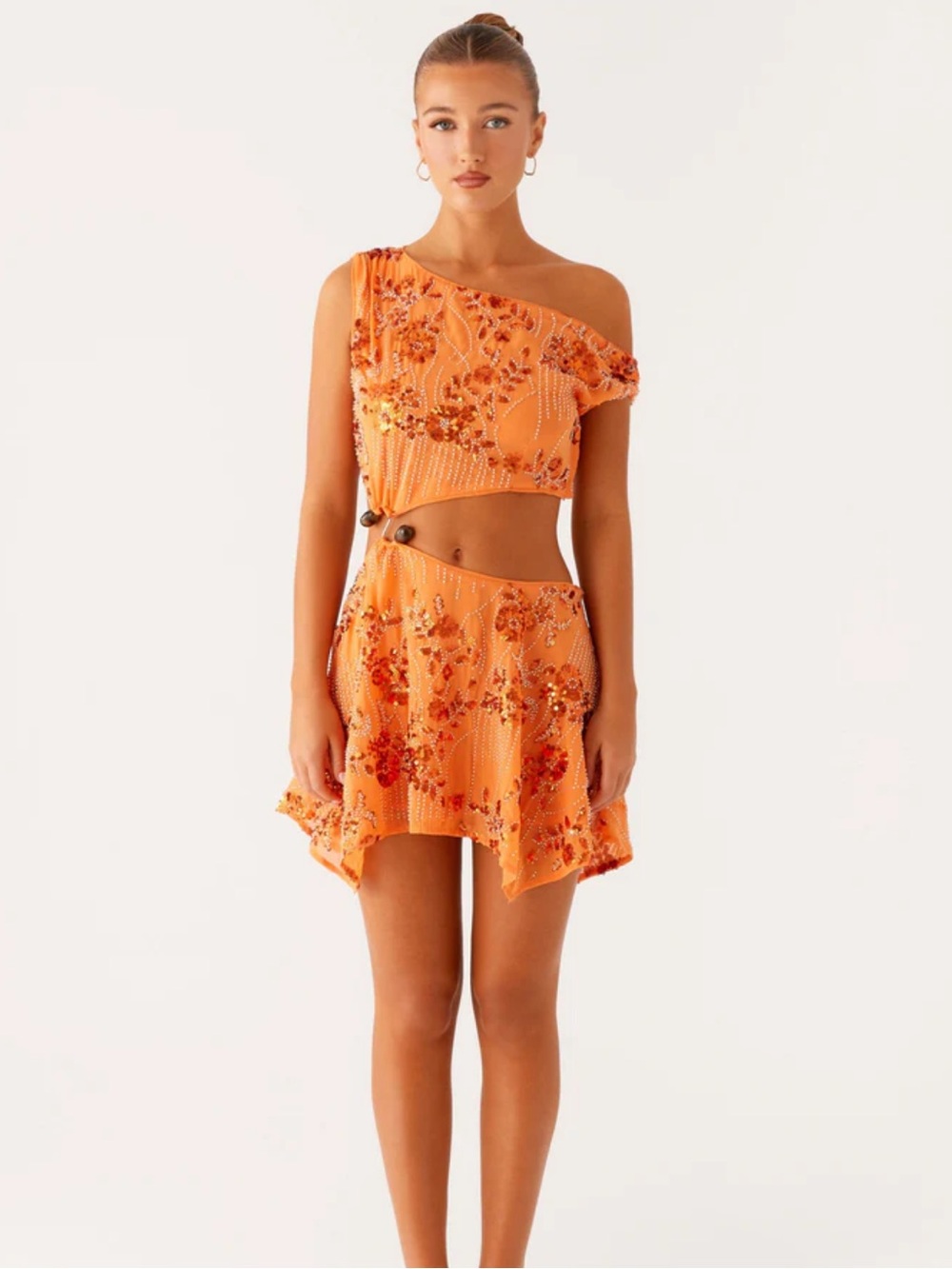 Peppermayo Orange One-Shoulder Embroidered Cutout Mini Dress— Aletta Sequin